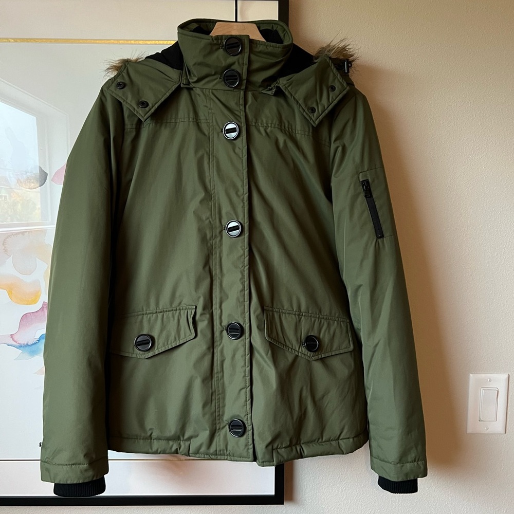 Barneys New York olive green down puffer jacket with removable hood size S